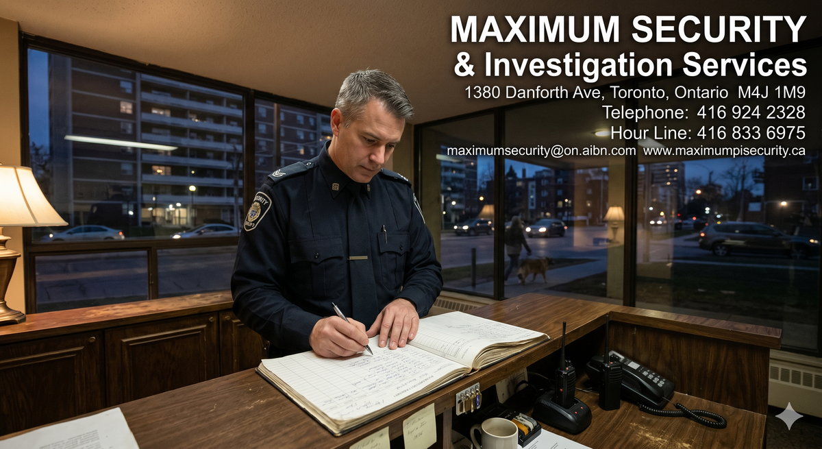 Trained security guard reviewing an incident report logbook at a North York high-rise condominium front desk.