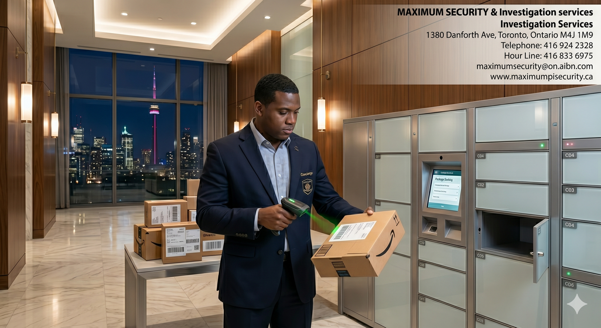 A dedicated security concierge sorting packages into a secure digital locker system at a luxury Downtown Toronto condominium.