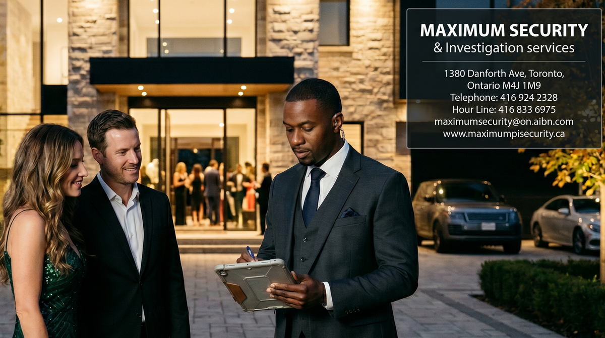 A discrete, professional security guard checking a guest list at the entrance of a luxury private estate party in Vaughan.