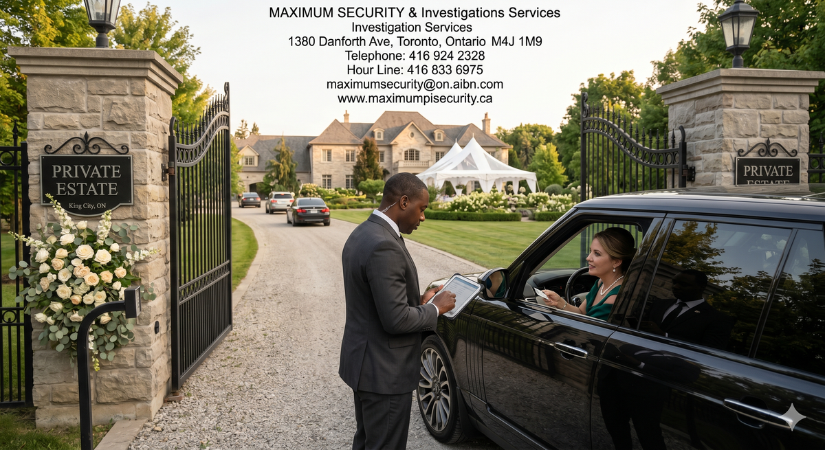 A discrete security guard checking digital guest lists at the entrance gates of a luxury private estate wedding in King City.