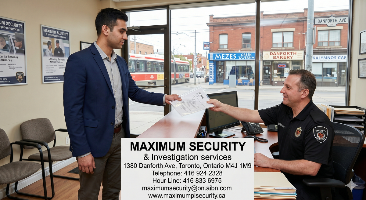 A job seeker handing a printed resume to a security manager inside a local storefront office on Danforth Avenue.