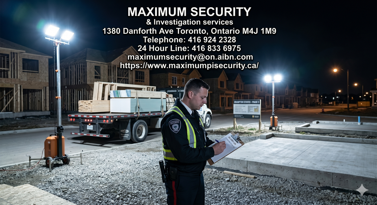A licensed Ontario security guard verifying delivery logs under high-intensity exterior lighting at a residential subdivision project in Brampton overnight.Tag Construction Security