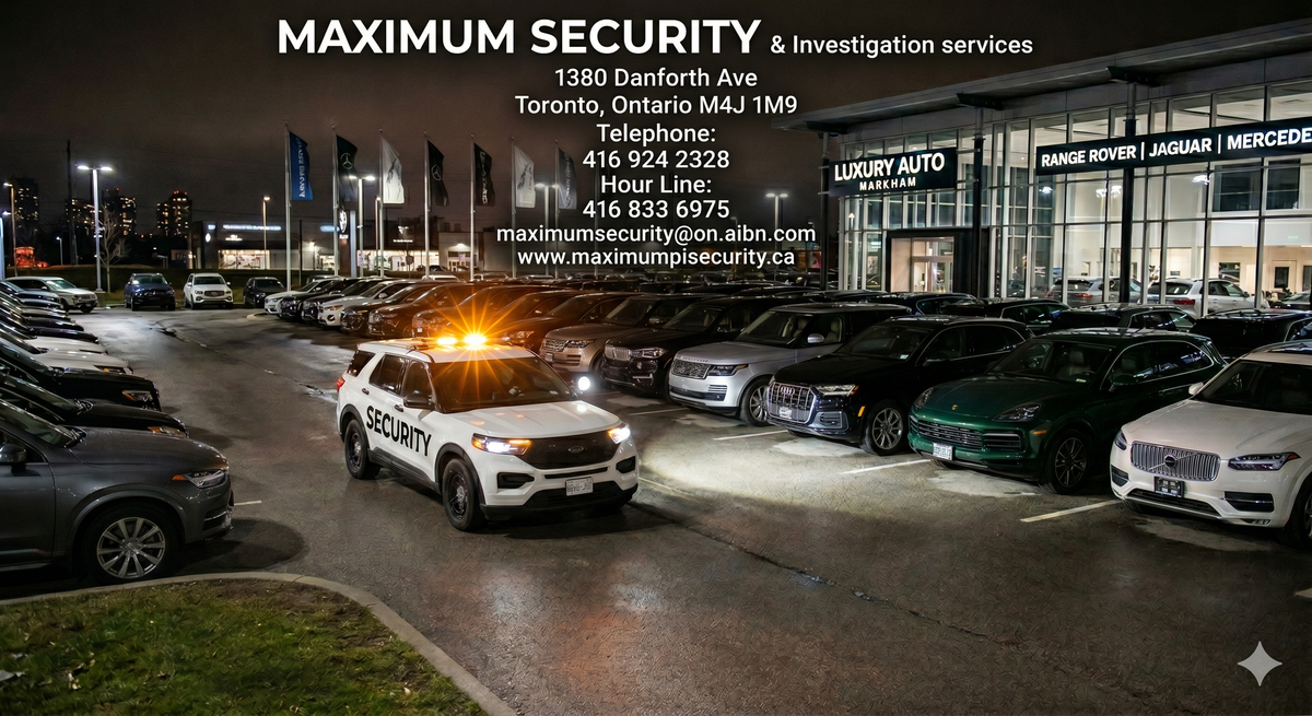 A marked commercial security vehicle executing a randomized nighttime mobile patrol through the sprawling exterior lot of a luxury auto dealership in Markham