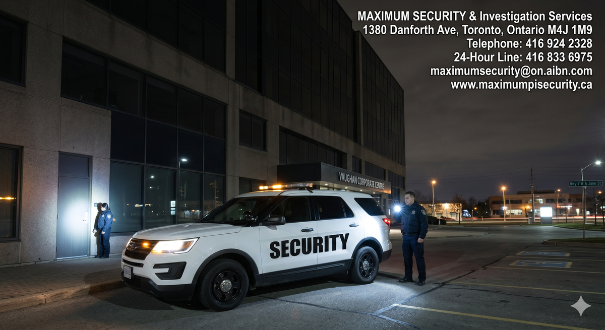 A marked commercial security vehicle with only the word SECURITY printed on the side, parked outside a dark
