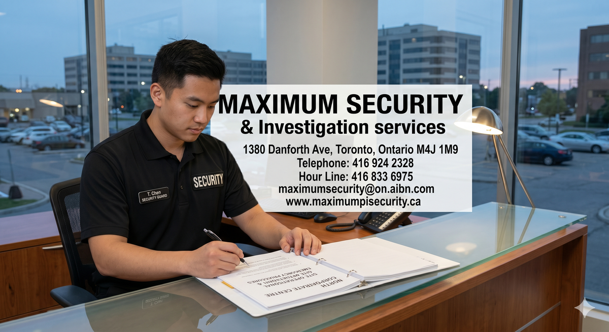 A newly hired security guard wearing a clean, generic SECURITY uniform reviewing site instructions at a North York commercial desk.
