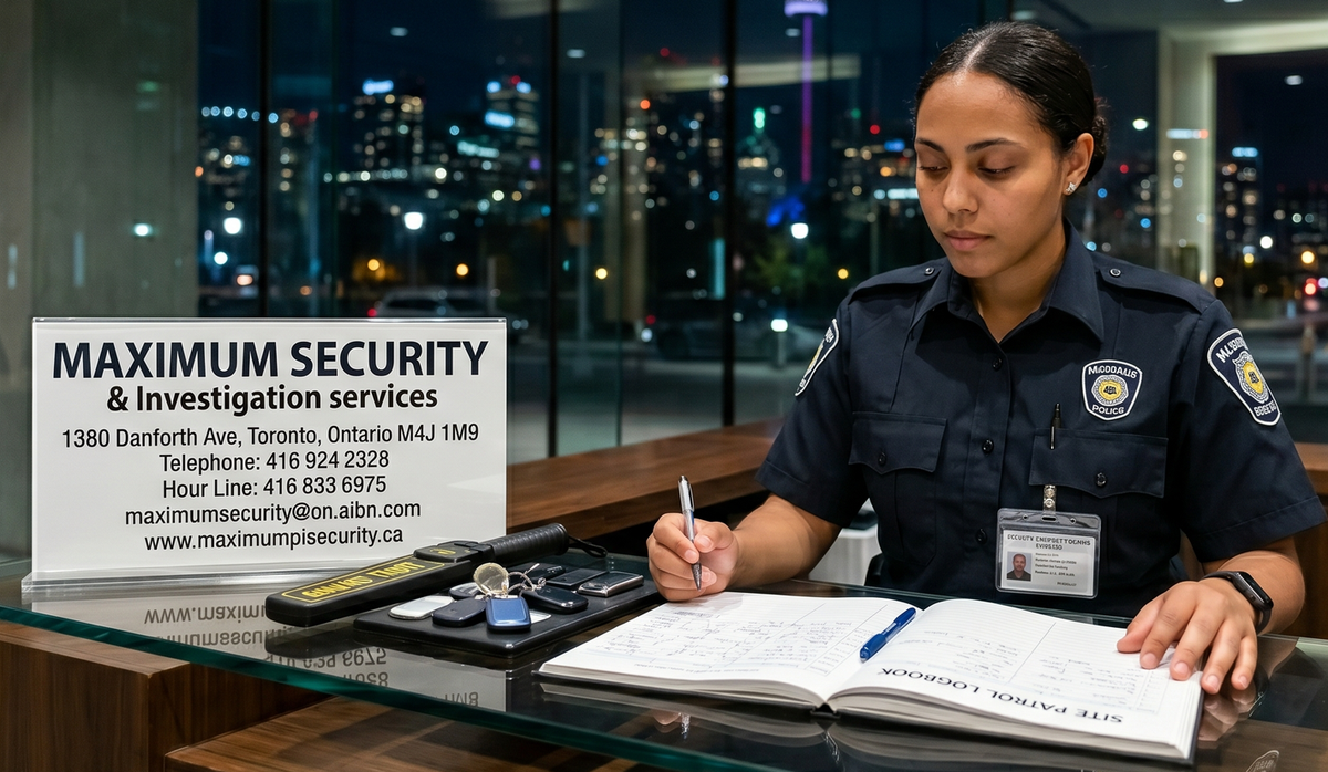 A newly licensed security guard reviewing a site patrol logbook at an entry-level concierge desk in a Downtown Toronto condominium.
