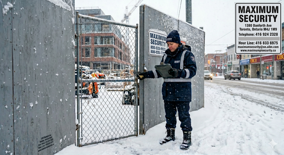 A professional, fully uniformed supervisor checking perimeter hoarding panels and gate padlocks at a commercial construction site along the Danforth in Toronto during a heavy winter snowfall