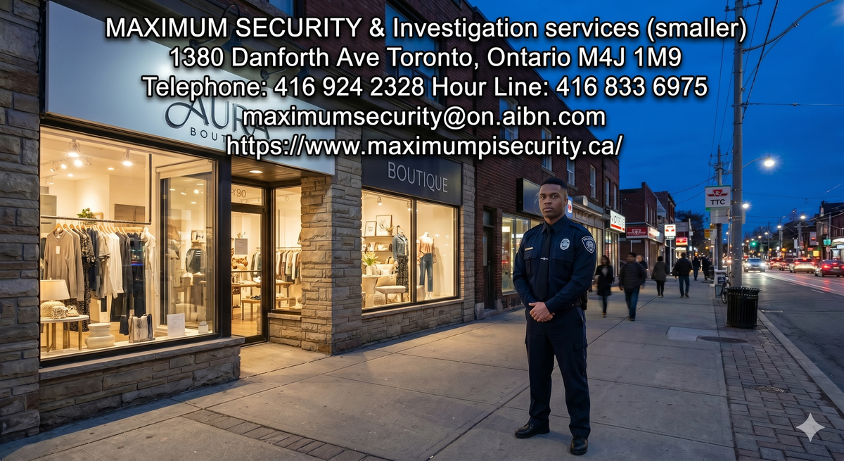 A professional, uniformed commercial security guard standing on the sidewalk outside a boutique retail storefront along Danforth Avenue in Toronto during the evening.