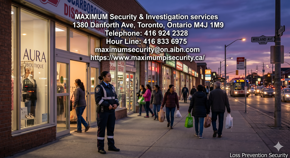 A professional, uniformed commercial security guard standing watch outside a multi-unit retail storefront in Scarborough during the twilight evening hours, monitoring customer foot traffic.