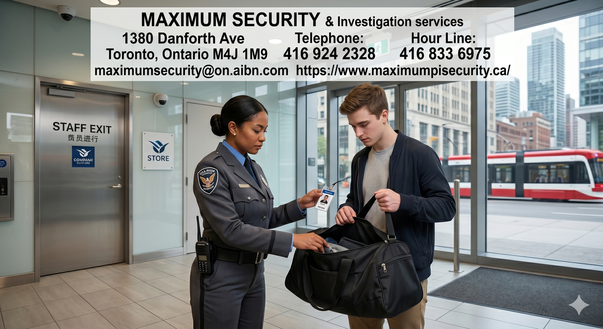 A professional, uniformed commercial security guard verifying an employee's identification badge and inspecting a staff bag at the staff exit of a retail store in Downtown Toronto.