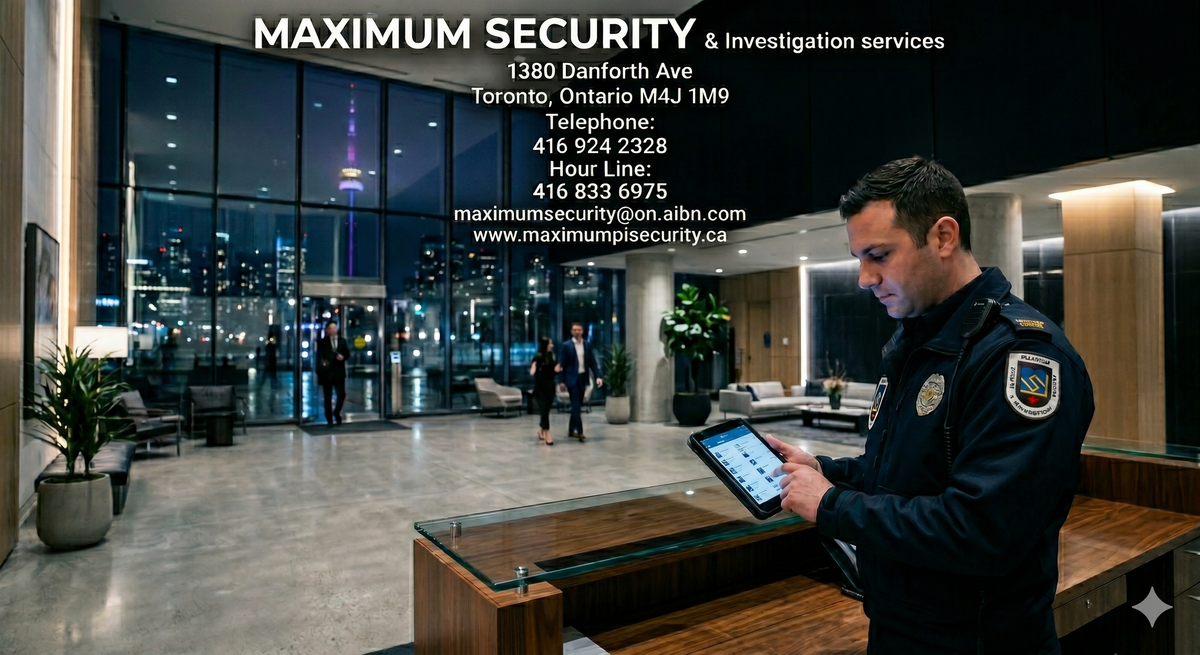 A professional, uniformed condominium concierge security guard standing behind a modern lobby desk in a luxury Toronto high-rise, reviewing a digital visitor management tablet.
