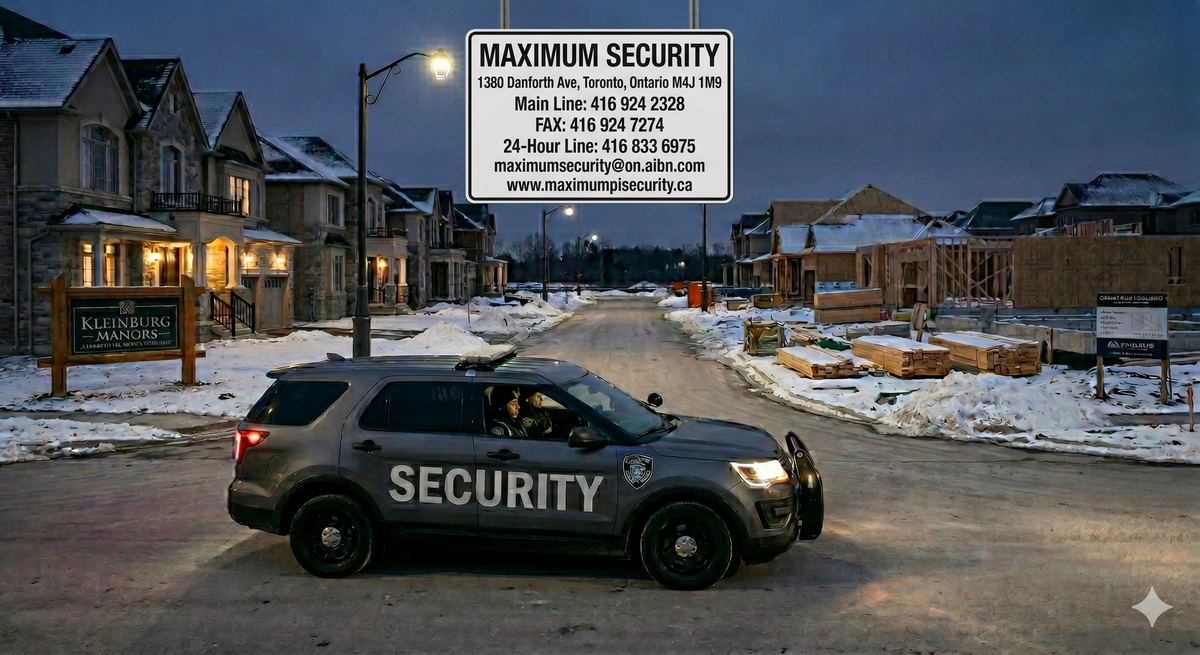 A professional commercial mobile security patrol vehicle driving through a developing residential subdivision street in Kleinburg, Vaughan during a winter evening patrol.