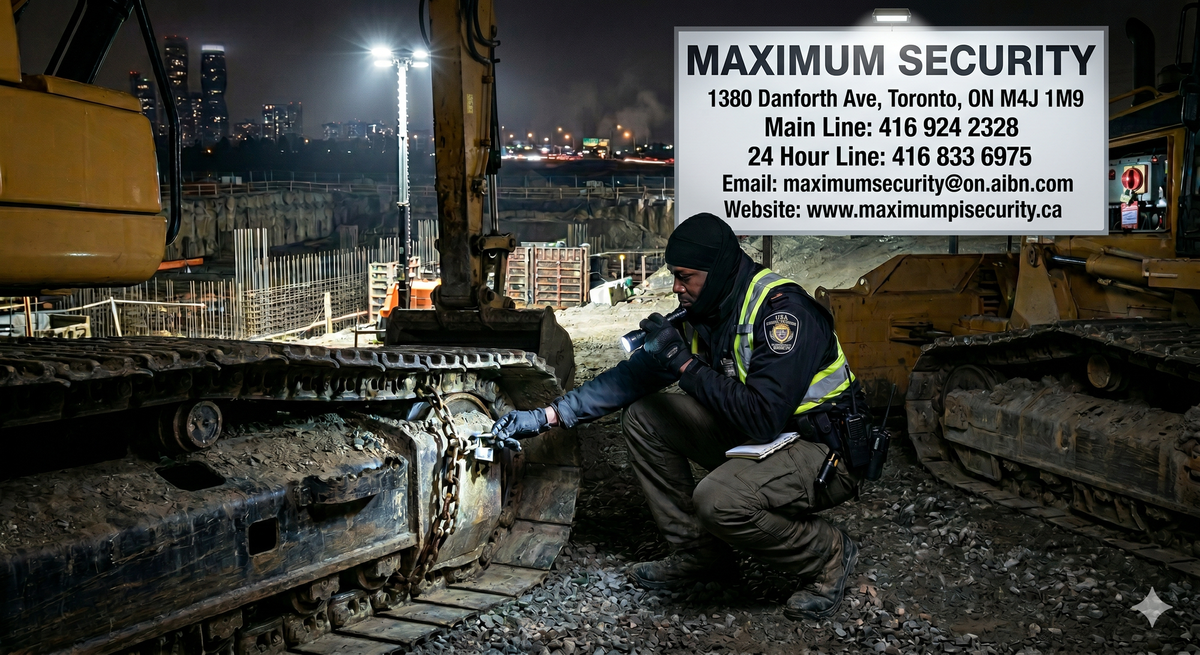 A professional commercial security guard inspecting heavy machinery track locks and battery disconnect panels at a major infrastructure development site in Mississauga overnight.