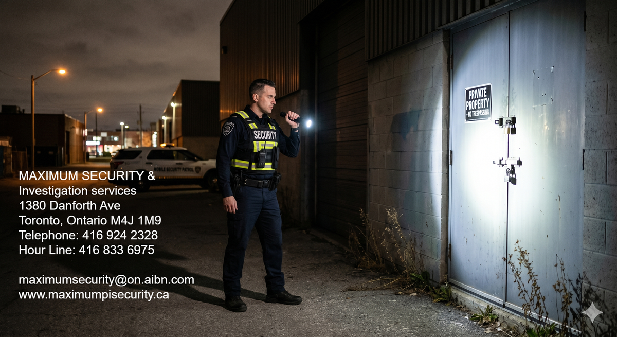 A professional mobile security patrol officer shining a high-intensity flashlight 
