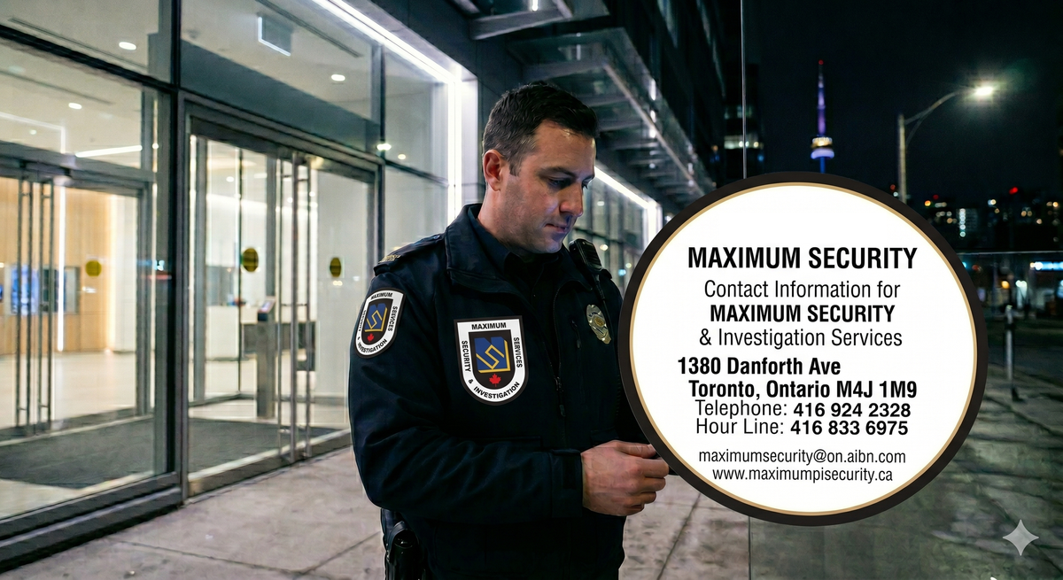 A professional mobile security patrol officer using a smartphone application to scan a digital NFC checkpoint tag on the exterior glass door of a modern commercial office building
