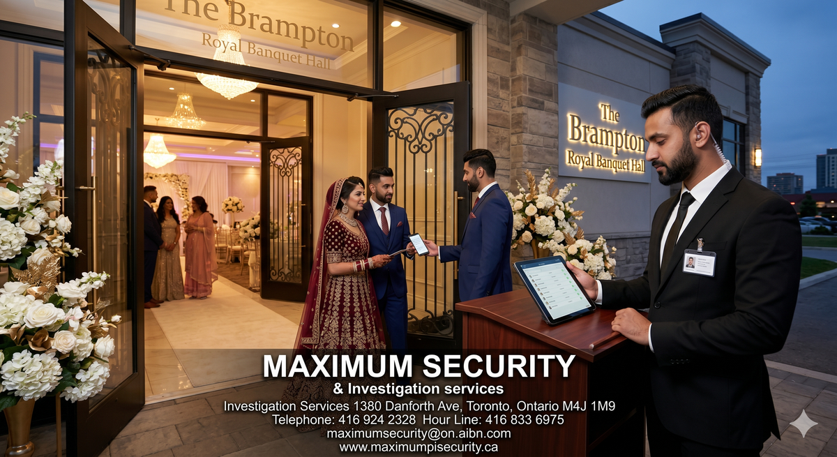 A professional security guard discreetly checking a guest list at the entrance of a luxury wedding banquet hall in Brampton.