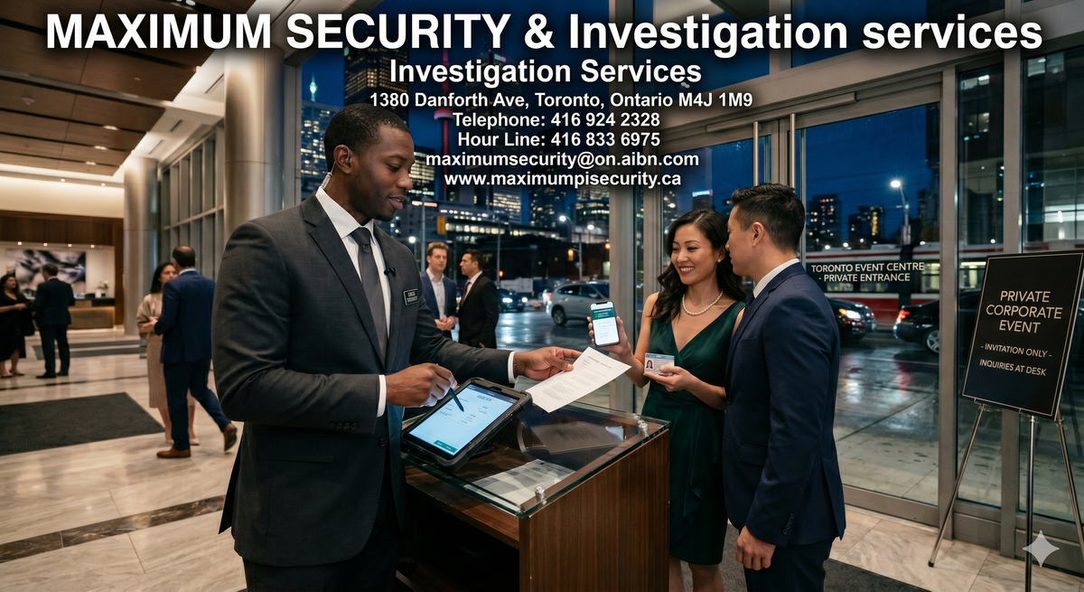 A professional security guard verifying guest lists at a private corporate event entrance in downtown Toronto.