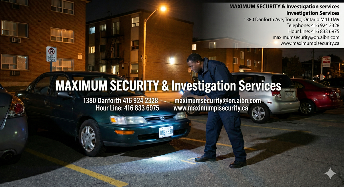 A security guard inspecting parked vehicles during an overnight patrol shift in a Scarborough apartment parking lot.