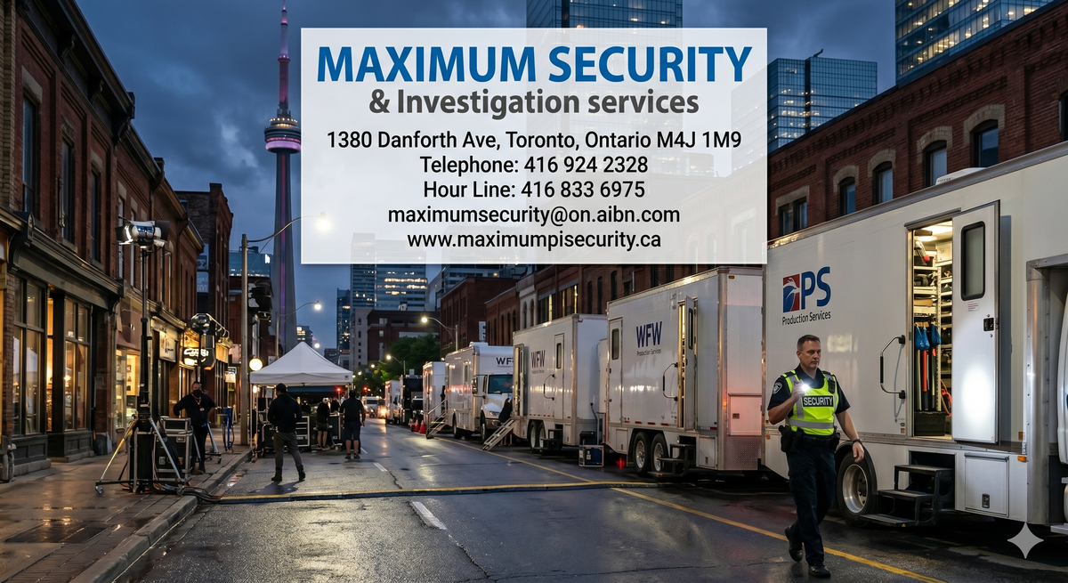 A security guard patrolling a temporary film production set and equipment trucks on a downtown Toronto street at night.