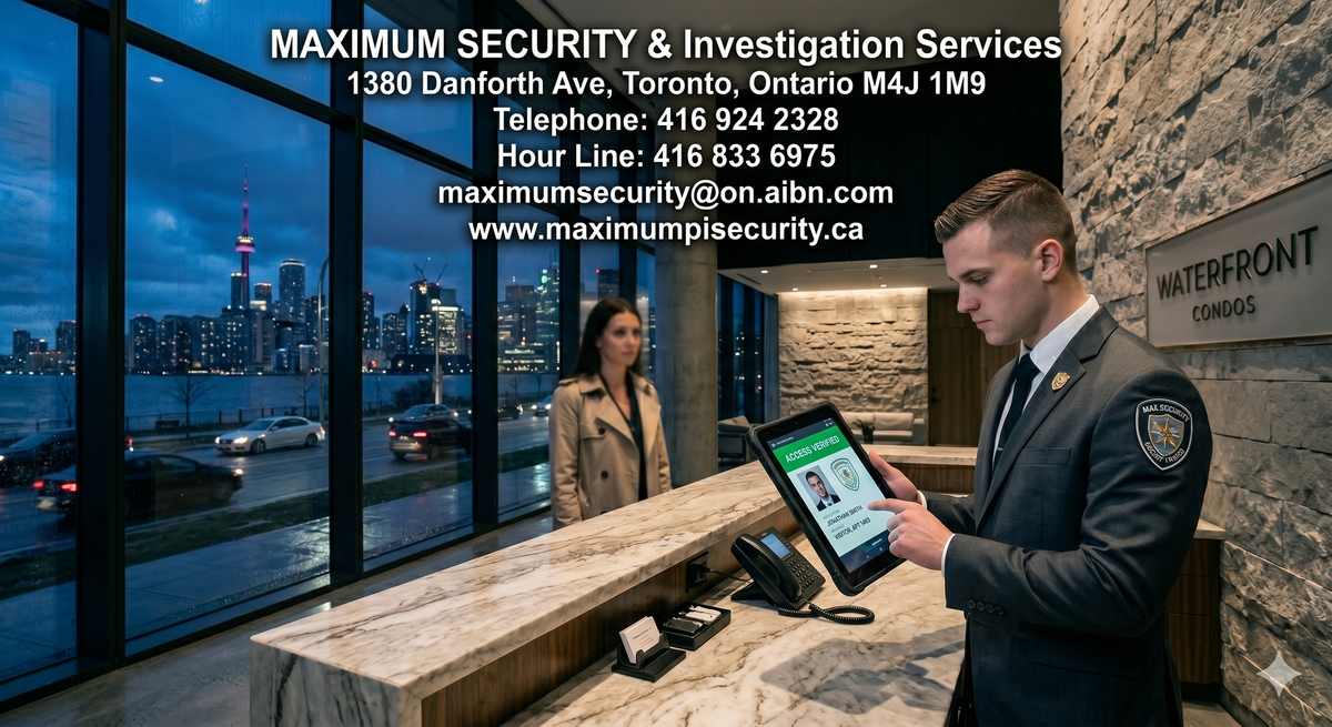 A sharply dressed, professional security concierge standing behind a luxurious marble front desk in a high-end Etobicoke waterfront condominium