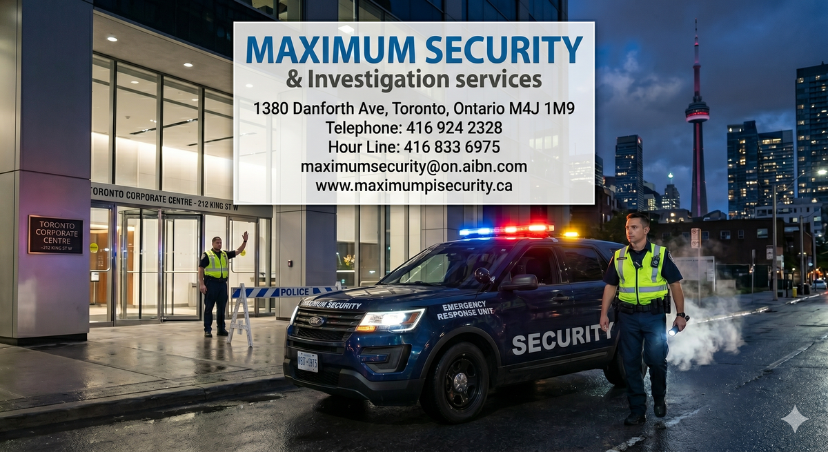 A high-visibility security guard vehicle arriving at a commercial building entrance during an after-hours emergency security deployment in Toronto.