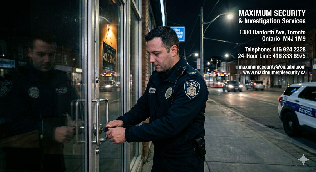 A professional mobile security patrol officer locking the front glass door of a local restaurant on Danforth Avenue at night, ensuring the business is fully secured after hours.