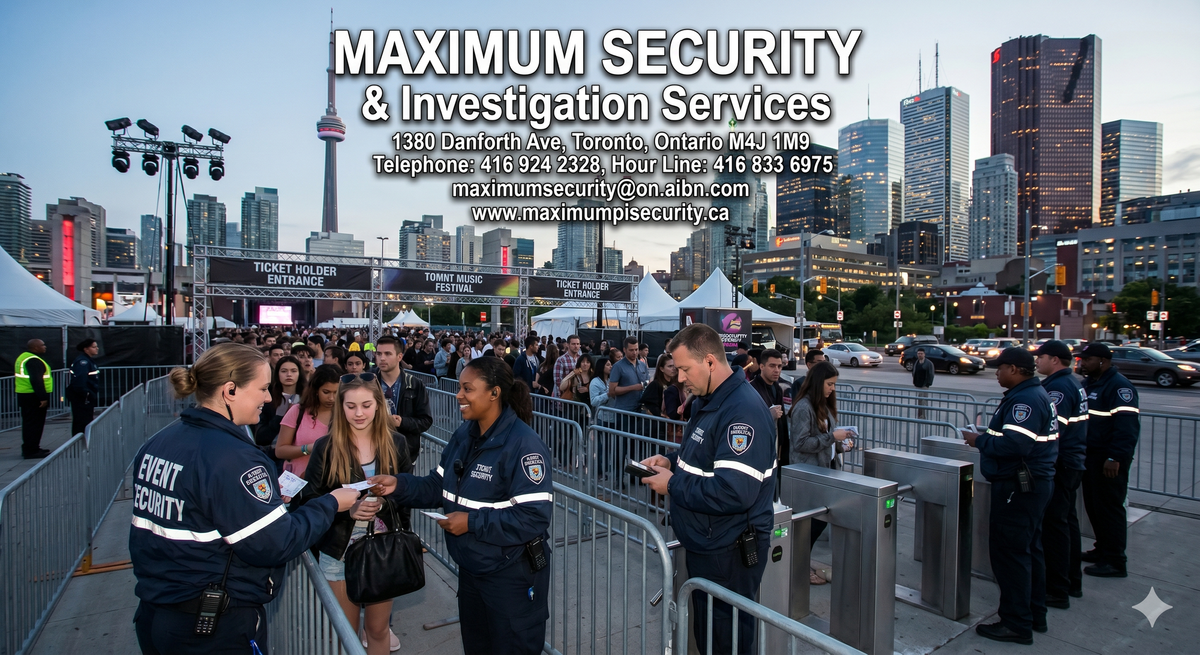 Professional event security guards managing a crowd entrance at a large outdoor venue in downtown Toronto.