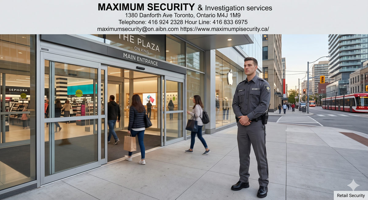 A sharp, uniformed commercial security guard standing watch near the main entrance of a modern retail shopping center in Toronto. Tag Retail Security
