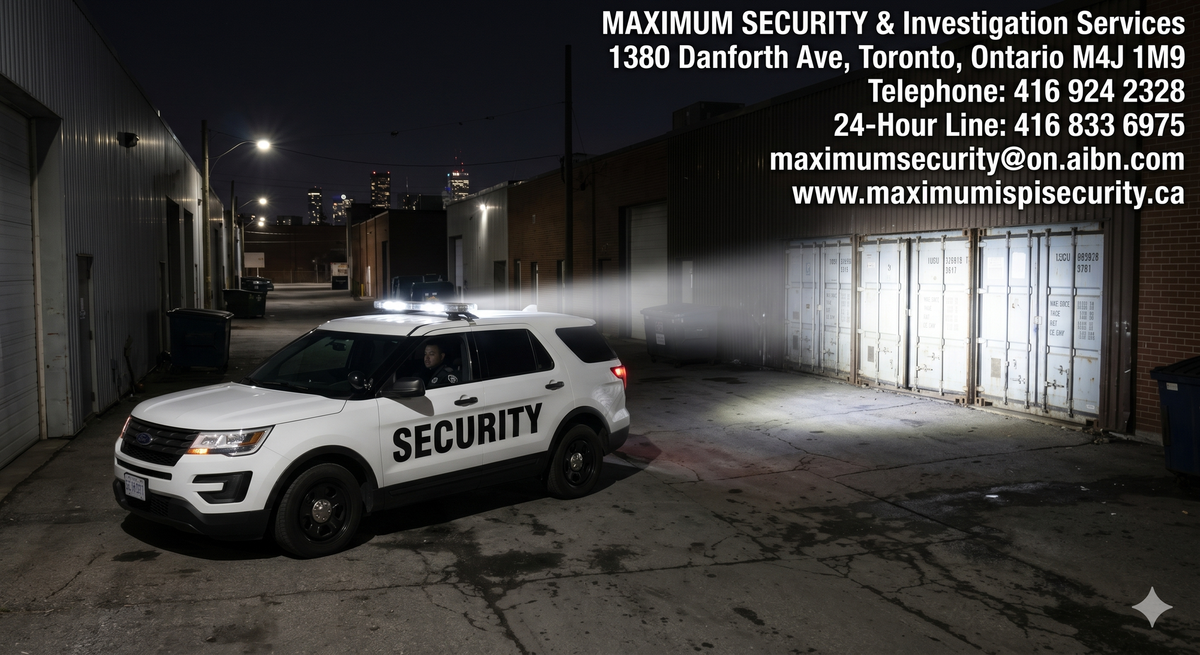 A marked mobile security patrol vehicle utilizing high-intensity alley lights to illuminate the rear shipping doors of a large commercial manufacturing warehouse in Scarborough 