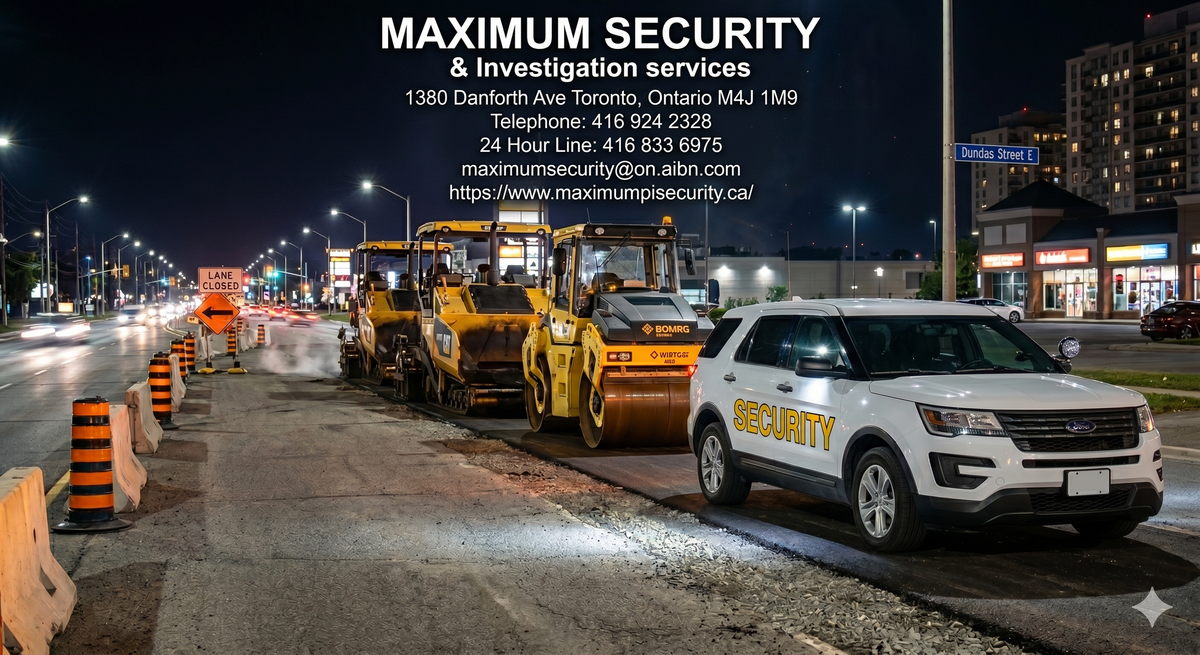 A professional commercial mobile security patrol vehicle parked with its amber warning lights activated next to a row of asphalt pavers and rollers on a closed lane