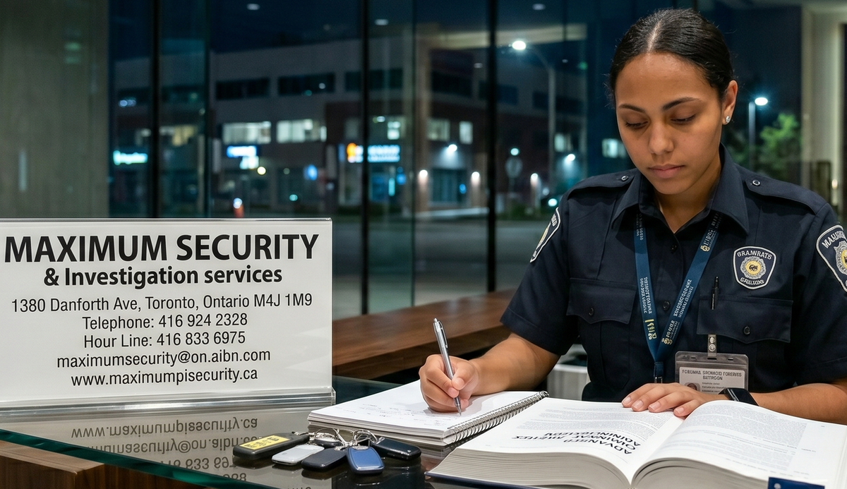 A college student studying a textbook at a quiet condominium concierge desk during an overnight security guard shift in Scarborough.