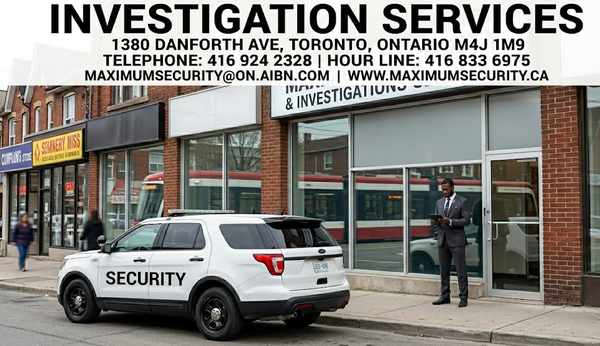 A professional security guard verifying guest lists at a private corporate event entrance in downtown Toronto.