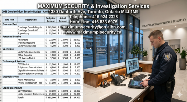 A detailed financial spreadsheet showing a condominium security budget next to a professional concierge guard working at the front desk of a modern Scarborough residential high-rise.
