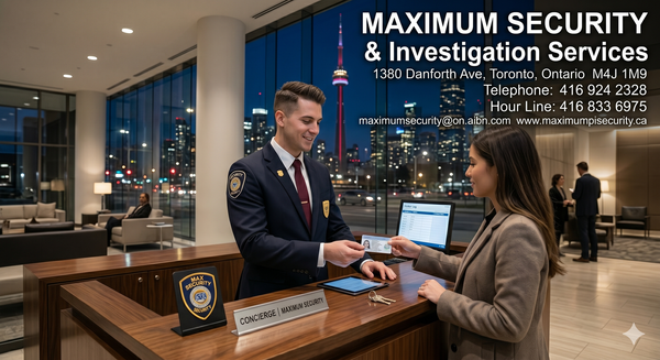 A professional security concierge verifies a visitor's identification at the front desk of a modern downtown Toronto condominium.