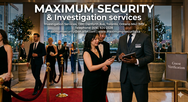 A corporate-uniformed security guard discreetly verifying digital RSVPs at a luxury corporate gala entrance in Downtown Toronto.