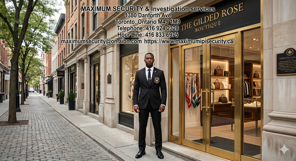 A crisp, corporate-uniformed loss prevention security guard wearing a tailored black suit standing at the entrance of a high-end luxury retail boutique in Yorkville, Toronto.