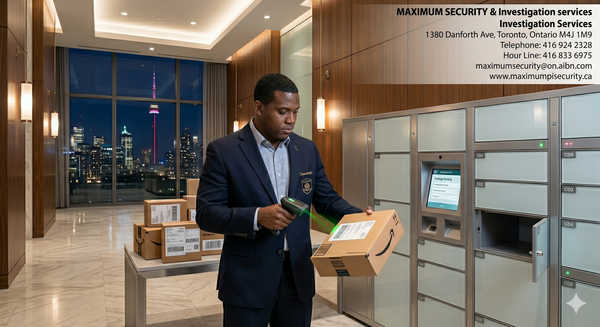 A dedicated security concierge sorting packages into a secure digital locker system at a luxury Downtown Toronto condominium.