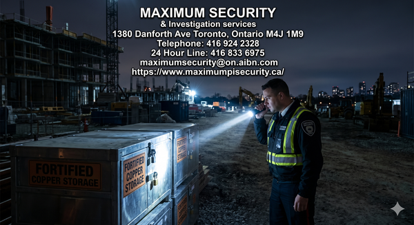 A licensed Ontario security guard inspecting fortified copper storage containers using a high-intensity flashlight at a commercial construction development in Etobicoke overnight