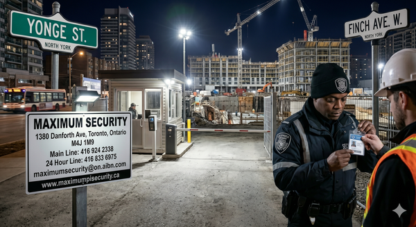 A licensed Ontario security guard verifying corporate identification badges at a gated commercial construction site entrance near Yonge Street and Finch Avenue in North York.