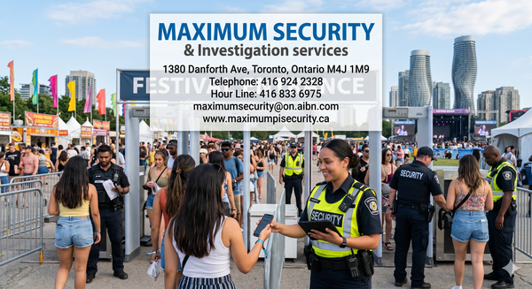 A licensed security guard managing crowd flow and checking credentials at an outdoor festival entrance in Mississauga.