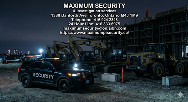 A marked commercial patrol vehicle parked alongside a row of secured hydraulic excavators and heavy wheel loaders at a development site in Vaughan overnight.