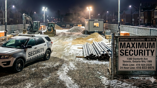 A marked commercial patrol vehicle parked inside an illuminated construction staging yard off Coxwell Avenue in East York during a midnight winter patrol.