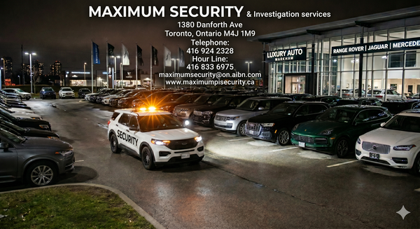 A marked commercial security vehicle executing a randomized nighttime mobile patrol through the sprawling exterior lot of a luxury auto dealership in Markham
