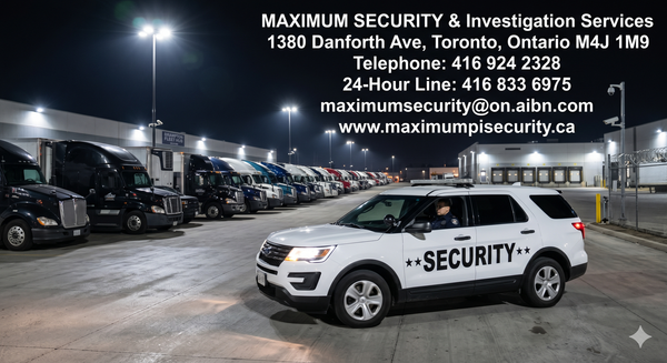 A marked mobile security patrol vehicle driving slowly past a row of parked commercial transport trucks inside an industrial fleet compound in Brampton at night.