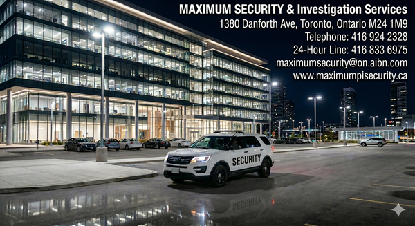 A marked mobile security patrol vehicle driving through the illuminated parking lot of a modern corporate glass office building in the Vaughan Metropolitan Centre at night.