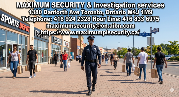 A professional, uniformed commercial security guard patrolling the exterior walkway of a busy retail shopping plaza in Brampton on a bright afternoon.