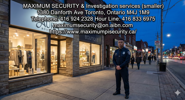 A professional, uniformed commercial security guard standing on the sidewalk outside a boutique retail storefront along Danforth Avenue in Toronto during the evening.