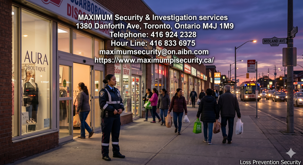 A professional, uniformed commercial security guard standing watch outside a multi-unit retail storefront in Scarborough during the twilight evening hours, monitoring customer foot traffic.