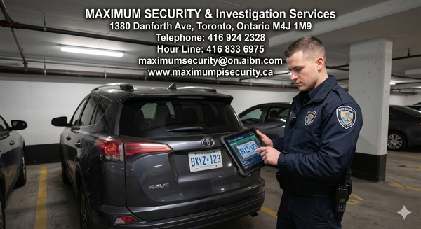 A professional, uniformed condominium security guard scanning a vehicle license plate with a digital enforcement tablet