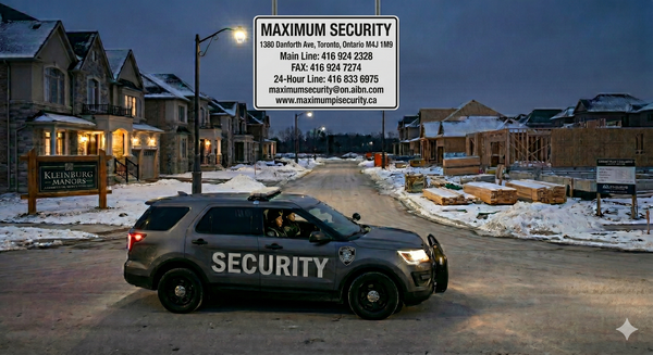 A professional commercial mobile security patrol vehicle driving through a developing residential subdivision street in Kleinburg, Vaughan during a winter evening patrol.